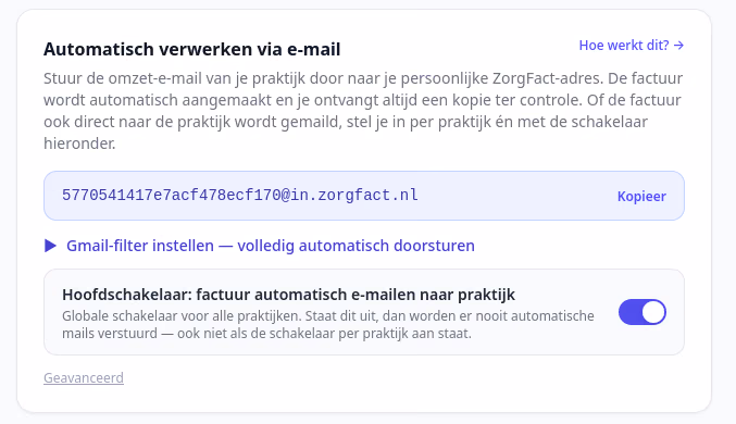 Instellingen-pagina — sectie automatische facturatie via e-mail met het inbound-adres en kopieerknop